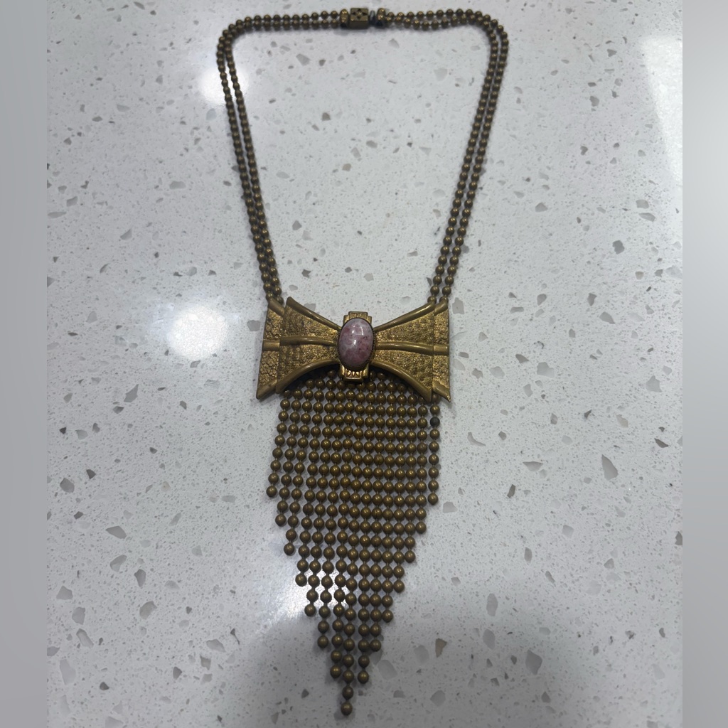 Vintage Gold And Pink Bow Pendant Necklace With Beaded Fringe 250$